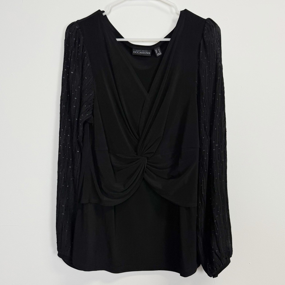 Susan Graver Liquid Knit Top Womens Large Black Twist Front Mesh Sleeve Dressy